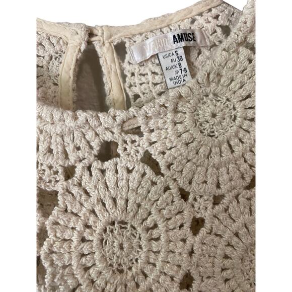 Amuse Society Cream Beige Crochet Knit Top Small Puff Sleeve Cotton Cottage Boho - Picture 5 of 9